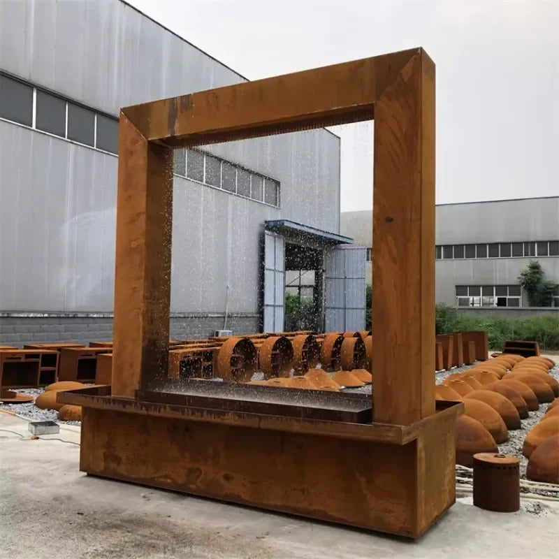 Customized Metal Rain Curtain Outdoor Garden Ornaments Corten Steel Garden Waterfall Water Fountain with LED Light