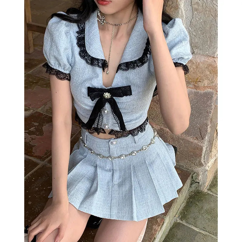 Korea Summer Sweet Two Piece Mini Skirts Sets Kawaii Lolita Peter Pan Collar Bow Crop Top + Mini Skirt Suit Blue Outfit Outwear