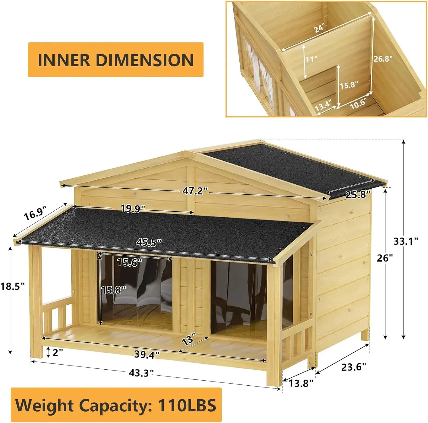 47.2" Dog House, Waterproof Dog Kennel, Wooden Outdoor and Indoor Dog House, Log Cabin Style with Porch,Elevated Floor, 2 Doors