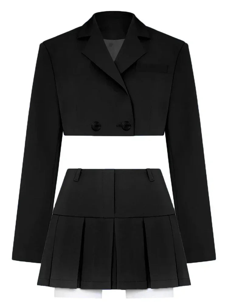 Taruxy Casual Two Piece Sets Women's Outfits 2023 New Black Matching Sets With Skirt And Blazer Cropped Top Skirt Sets For Women