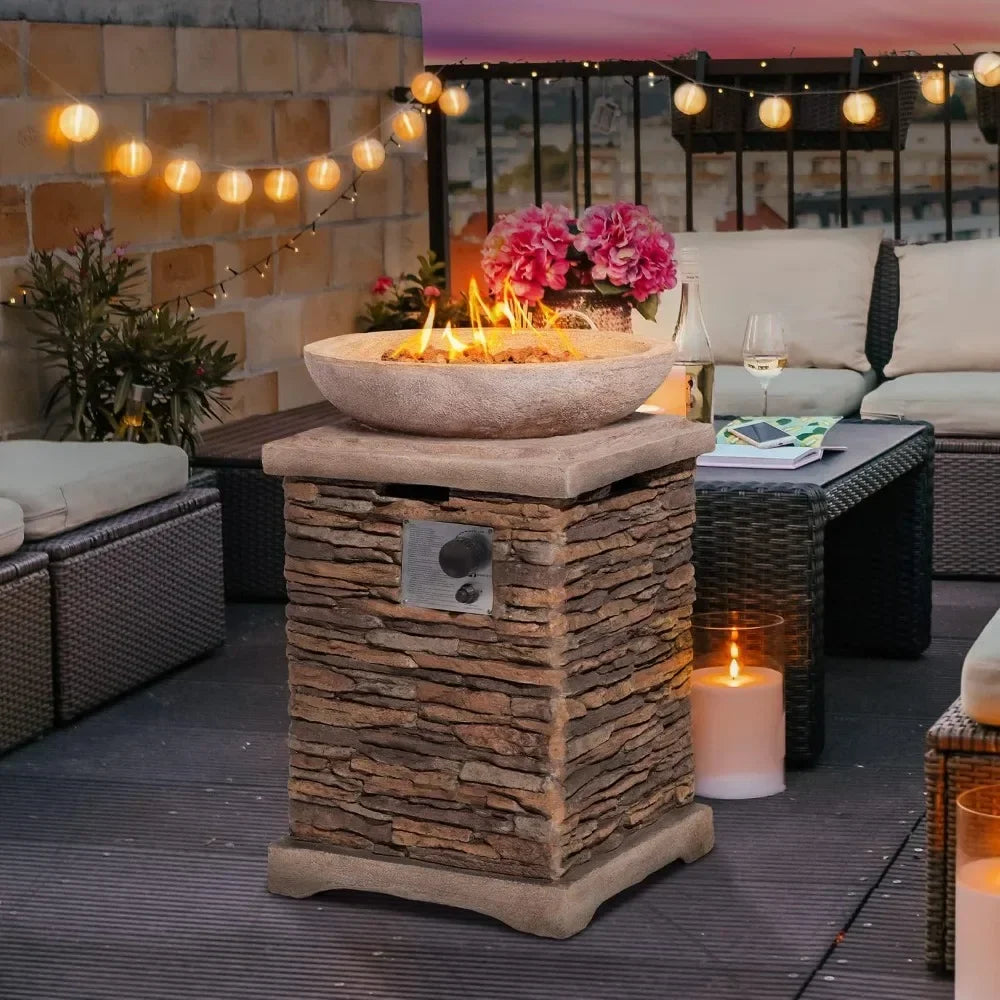 20" Outdoor Fire Pit Table, 40,000 BTU Concrete Gas Fire Pit W Lava Rocks, Rain Cover,Imitation Stone Design, Propane Fire Table