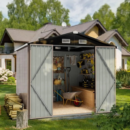 Storage Shed Outdoor Outdoor Metal Shed for Tool Prefab Container House 6.4x4 FT Garden Buildings Bike Garbage Can Brown Sheds