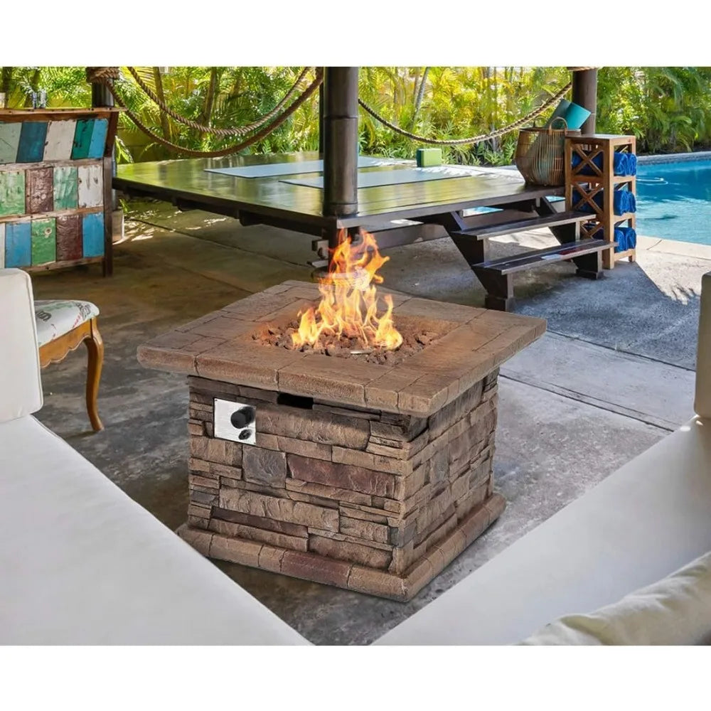 Outdoor Propane Fire Pit Table 32-inch Imitation Stone Square Concrete Propane Fire Pit with Lava Rocks and Rain Cover