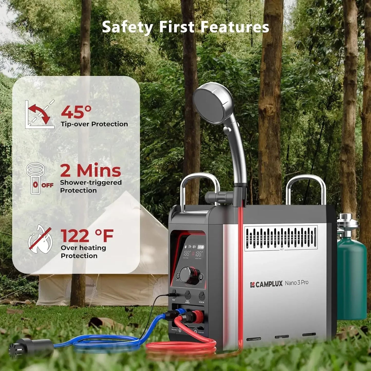 Battery Powered Portable Water Heater, 1 lb On-Demand Propane Camp Shower Nano 3 Pro, On Ground Camp Water