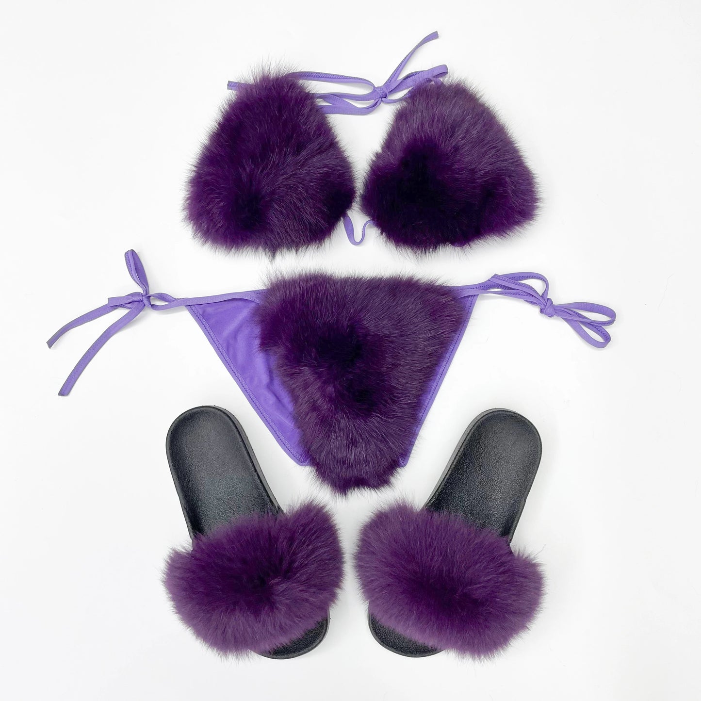 Janefur New Fashion Fancy Fur Bikini Set Luxury Furry Bra And  Fox Slides Slippers For Women