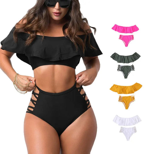 Split Body Swimsuit  Women's Ruffled Edge Swimsuit One Shoulder Solid Color  2-pieces Set  Bikini