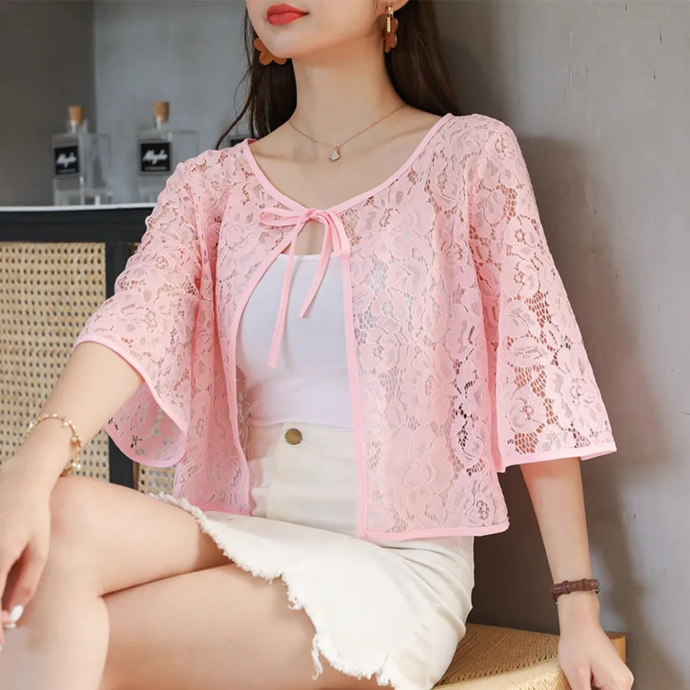 Flower Mesh Small Shawl Jacket Lace Up Transparent Lace Cardigan Shirt Short Sleeve Beachwear Sun Protection Cardigan Tops