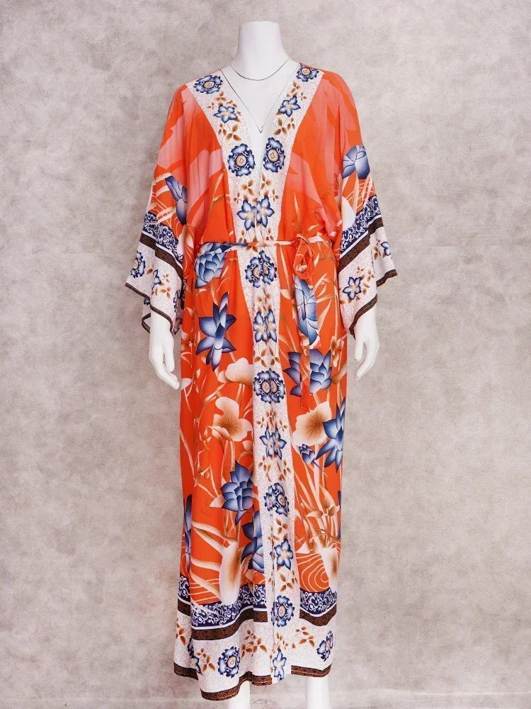 Bohemian Printed Summer Beach Wear Bikini Wrap Dress Tunic Summer Women Swimsuit Cover-ups