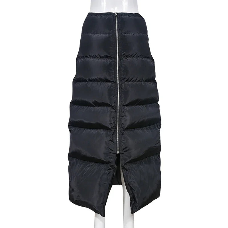 Fashion Women Winter Warm Puff Long Skirts Puffer Quilted Zipper High Waist Bubble Skirts Thicken Split Long Skirt Streetwear