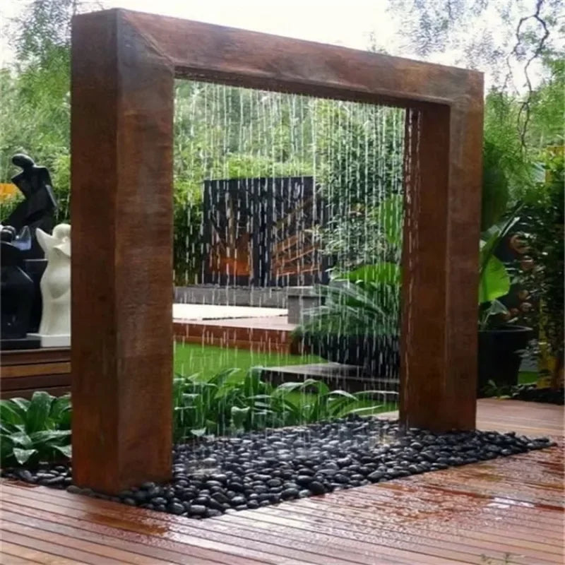 Customized Metal Rain Curtain Outdoor Garden Ornaments Corten Steel Garden Waterfall Water Fountain with LED Light