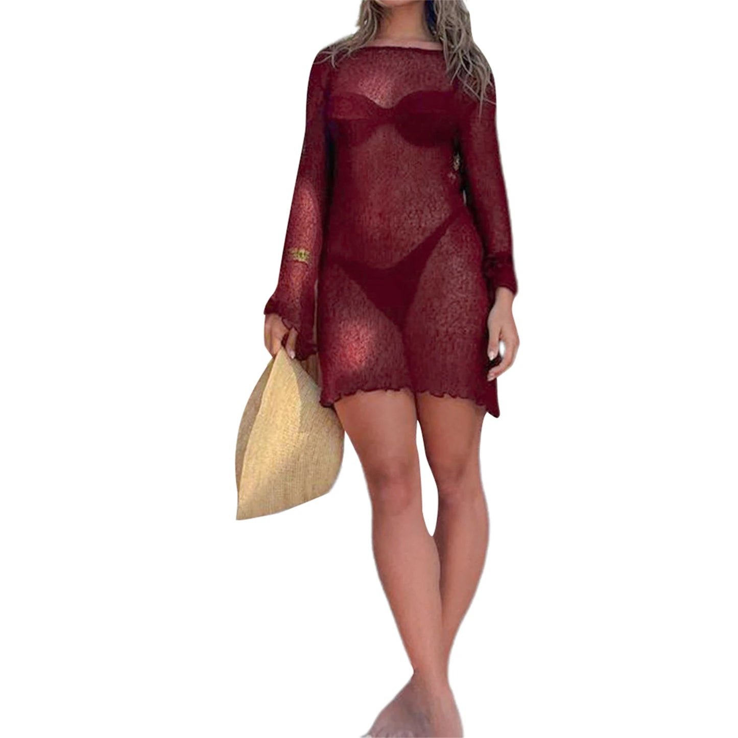 Swimwear Beach Clothes Cover-Ups for Women See-Through Long Sleeve Backless Beach Knitted Mini Wrap Dress Sunscreen Dresses