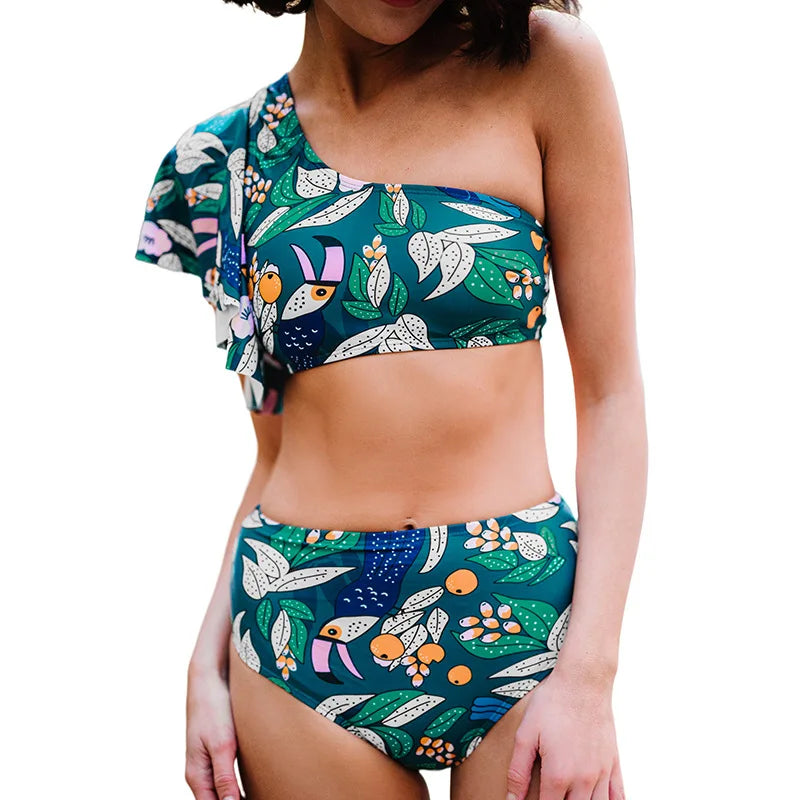 Bikini Flower Print Swimsuit  Vacation One-shoulder Flounces Split  High-waisted 2 Pieces Swimwear