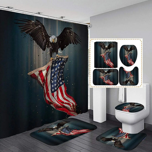 USA Flag American Bald Eagle Shower Curtain Set Non-Slip Rug Toilet Lid Cover Bath Mat Independence Day Patriotic Bathroom Sets