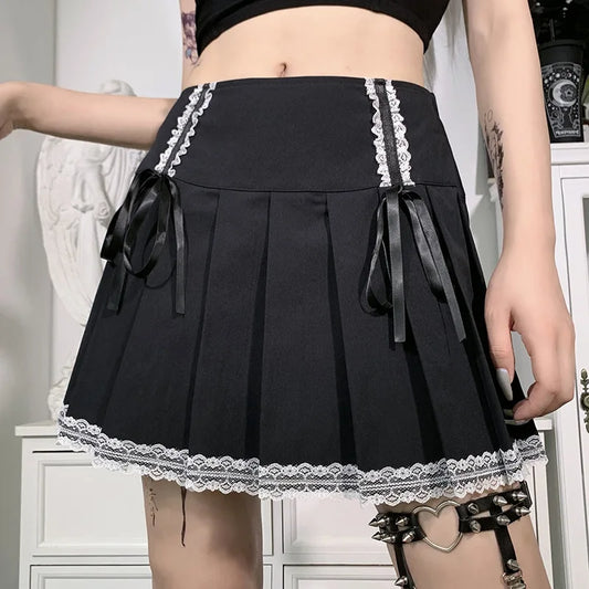 FICHOR Streetwear Mall Goth Skirt Women Harajuku Y2k E-girl High Waist Bandage Mini Skirt Dark Gothic Punk Emo Alt Club Wear