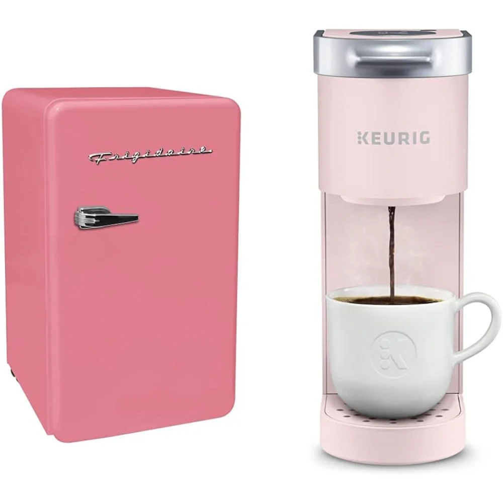 Frigidaire EFR372-PINK 3.2 Cu Ft Pink Retro Compact Rounded Corner Premium Mini Fridge & Keurig K-Mini Coffee Maker