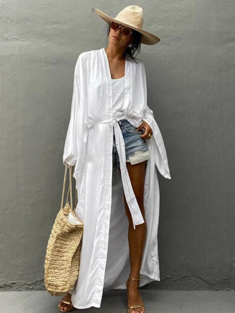 Solid Beach Cover Up Women Self Belted Wrap Kimono Dress Swimsuit 2022 New Robe Summer Beachwear Factory Supply