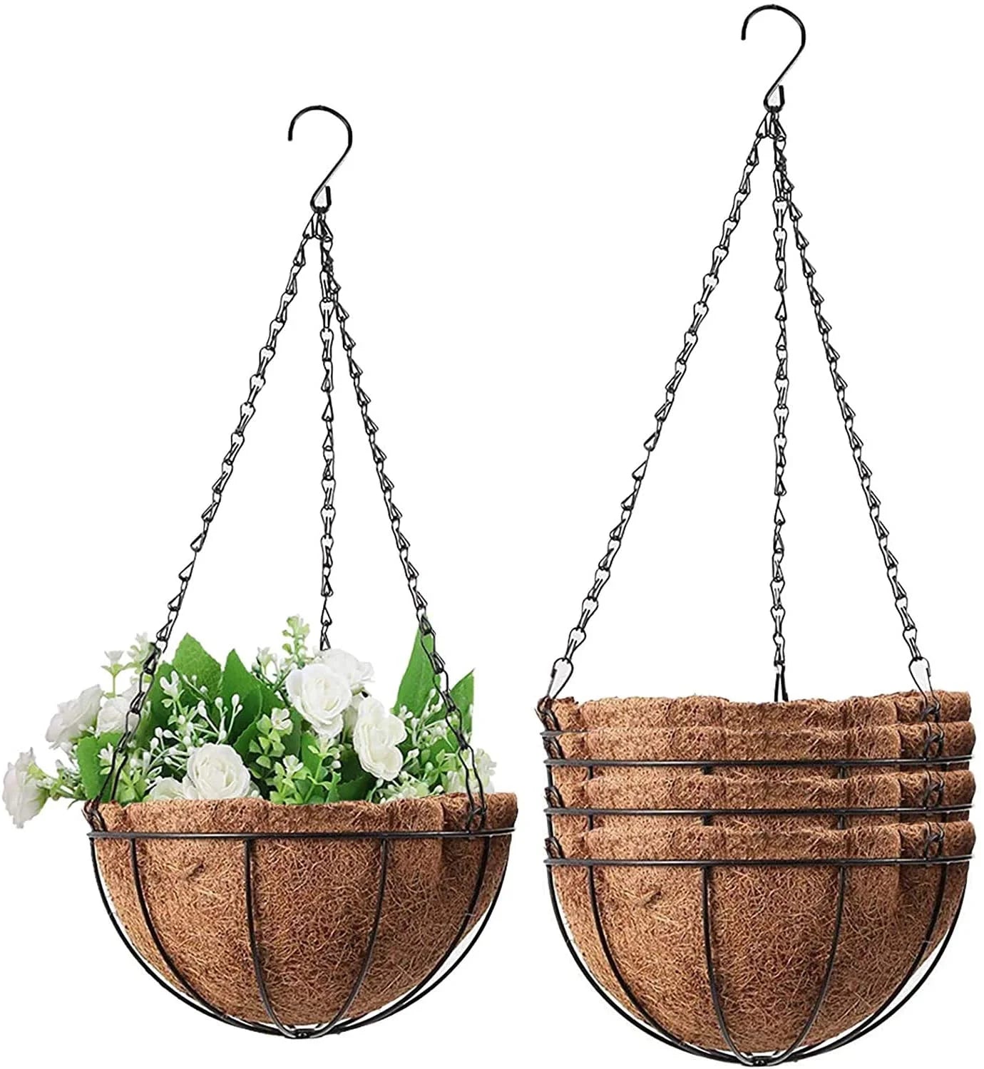 12 Inch Indoor Outdoor Balcony Metal Hanging Planter Basket with Coconut Liner Wire Plant Holder Watering Flower Baskets Pot Han