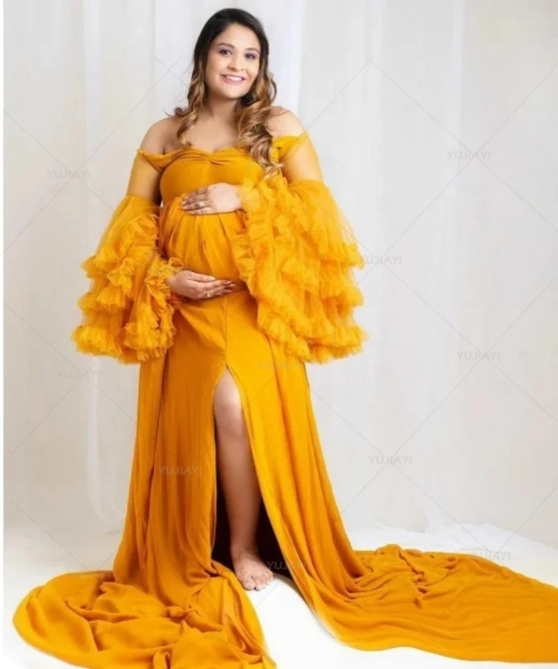 Maternity Dresses Flare Sleeves Gown Pregnancy Photoshoot Women Front Split Maternity Robe Bridal Sleepwear Nightgown Lingerie