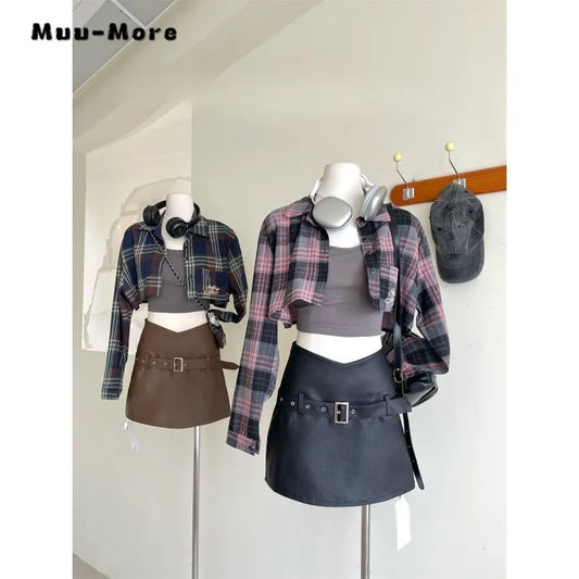 Hotsweet Skirt Suit 2023 Fashion Three Piece Set Women Crop A-Line Skirt+solid Color Vest+hecked Polo Collar Shirt Skirt Outfit