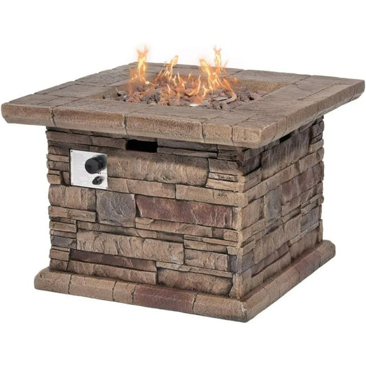 Outdoor Propane Fire Pit Table 32-inch Imitation Stone Square Concrete Propane Fire Pit with Lava Rocks and Rain Cover