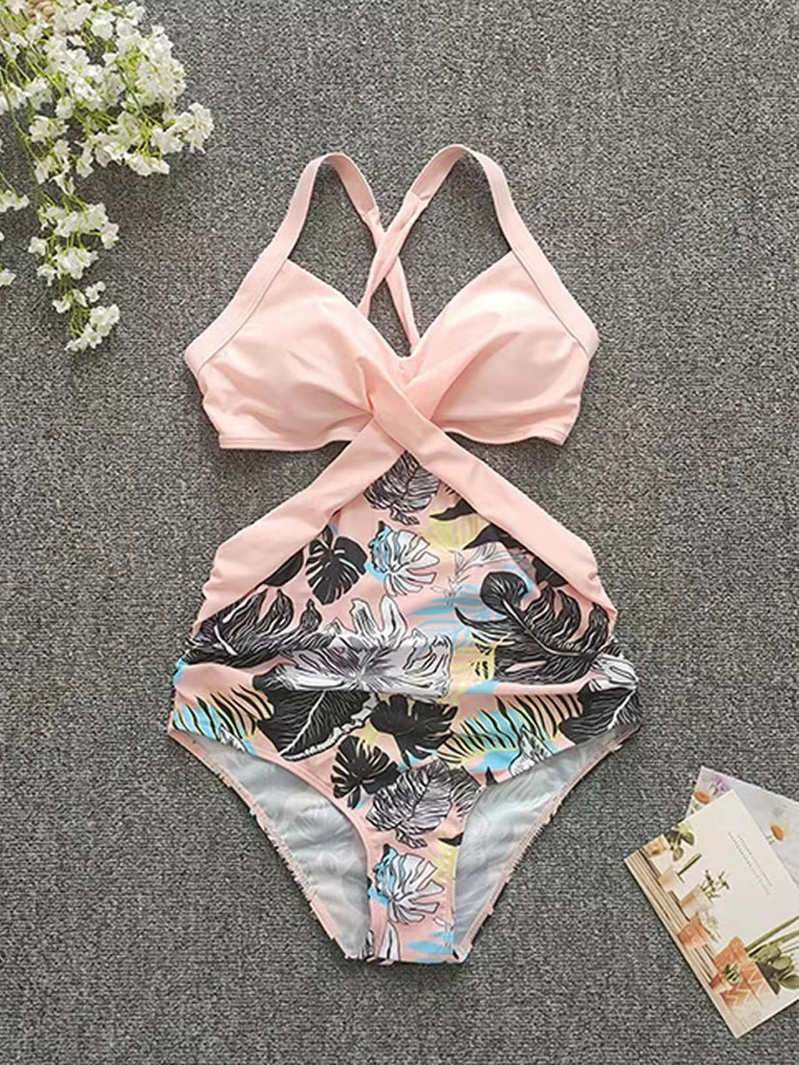 Female Solid Monokini Hollow One Piece Swimsuit Back Cross Lace Up Swimwear Women Padded Bathing Suit Printed Beachwear Bodysuit