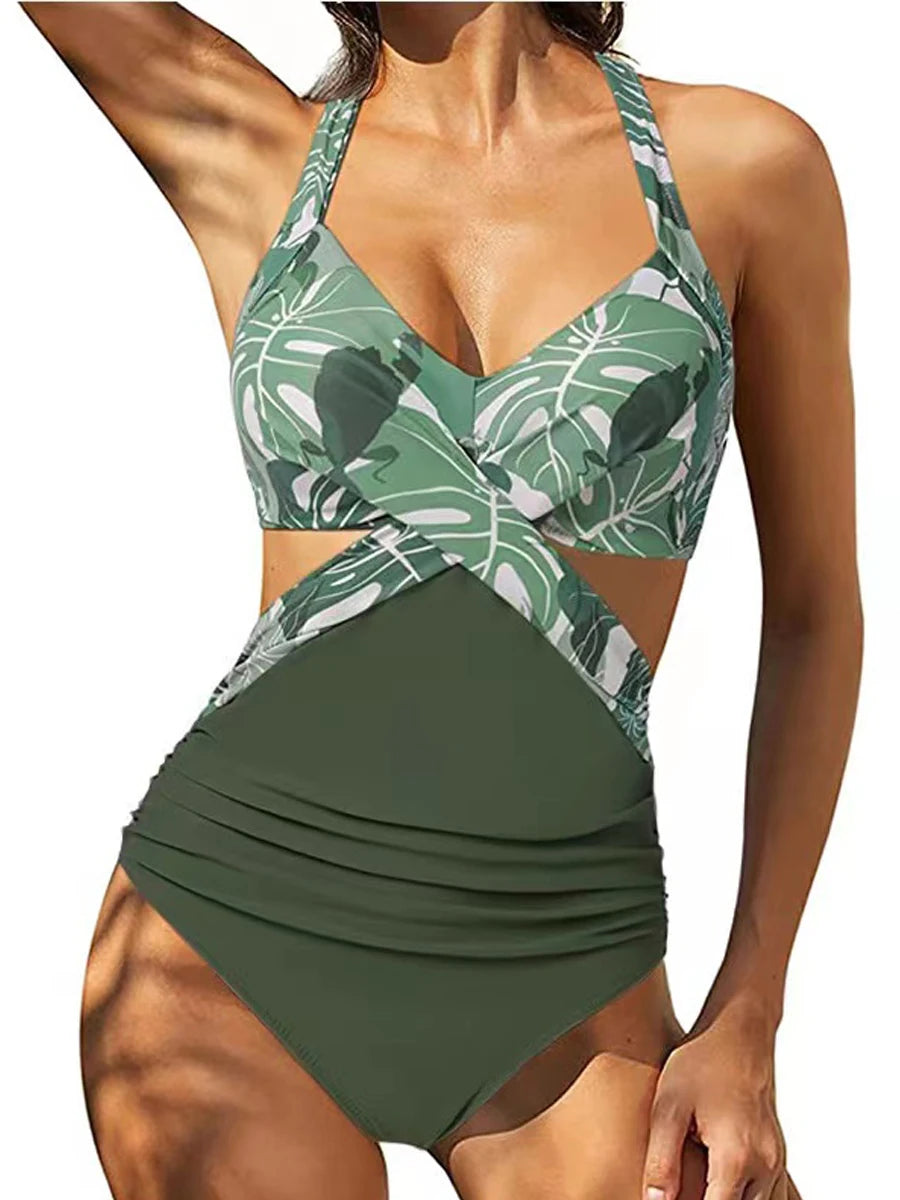 Female Solid Monokini Hollow One Piece Swimsuit Back Cross Lace Up Swimwear Women Padded Bathing Suit Printed Beachwear Bodysuit