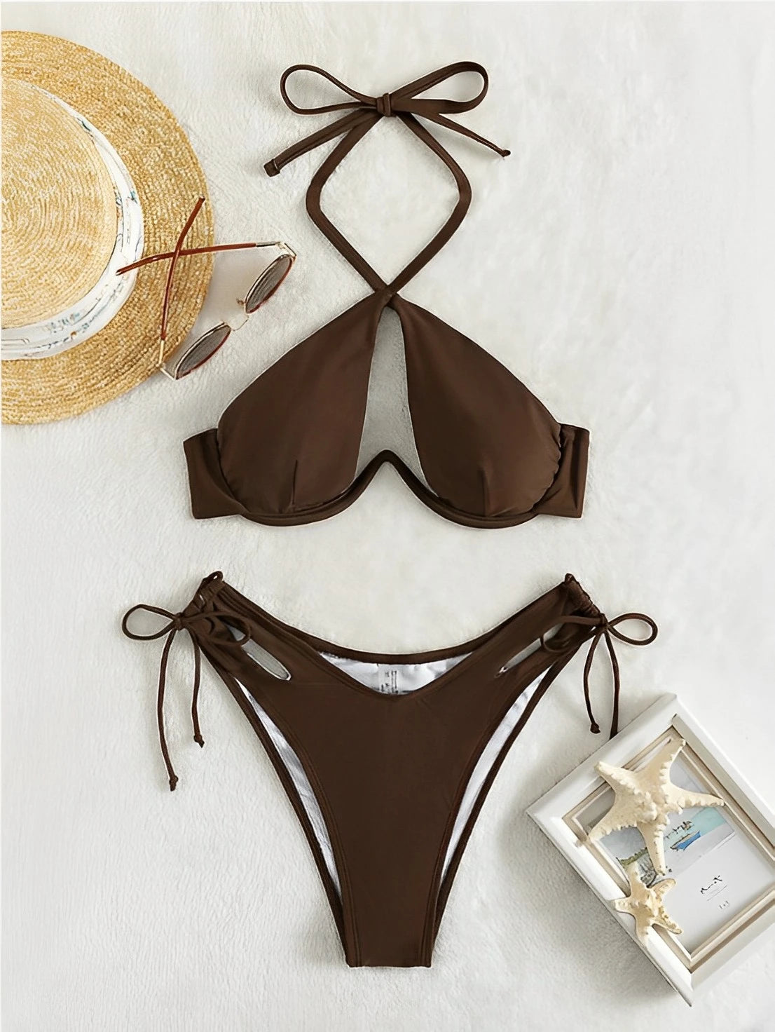 Cut-out Push Up Bikini Solid Swimsuit Women Halter Swimwear  Beachwear