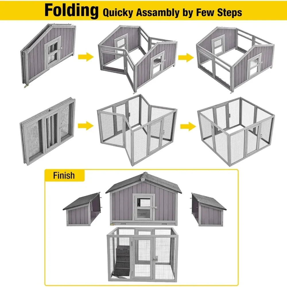 Outdoor Chicken Coop Folding Poultry Cage Quick Assembly Hen House Fir wood with Nesting Box,Spacious 26FT² for 4-6 Chickens