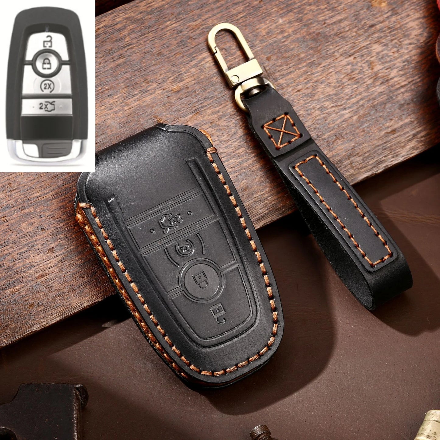 Leather Car Remote Key Case Cover For Ford Fusion Edge Mustang Explorer F150 F250 F350 Ecosport Protector Holder Shell Fob