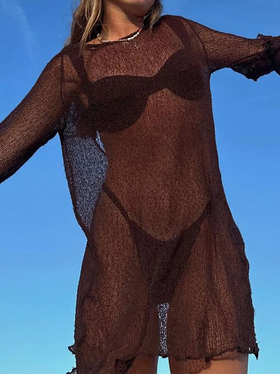 Swimwear Beach Clothes Cover-Ups for Women See-Through Long Sleeve Backless Beach Knitted Mini Wrap Dress Sunscreen Dresses