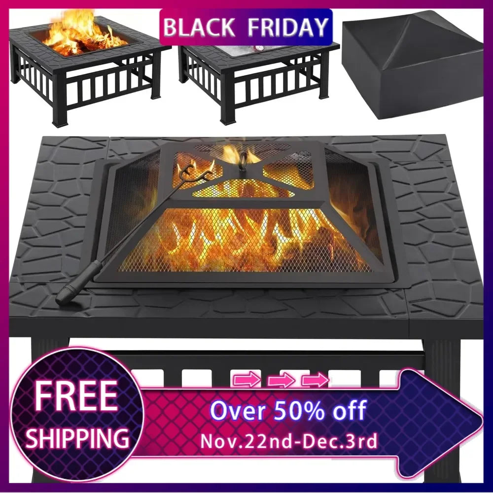 Multifunctional Fire Pit Table 32in Square Metal Firepit Stove Backyard Patio Garden Fireplace for Camping, Outdoor Heating