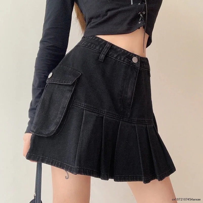 Goth Y2K Skirt Mujer High Waist Jeans Skirts E-girl Aesthetics Black Denim Pleated Skirts With Big Pockets Grunge Punk