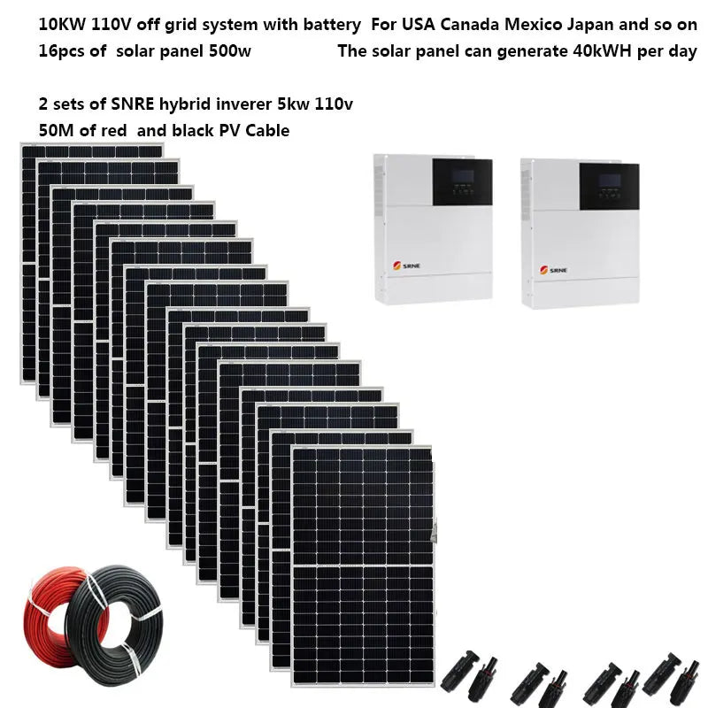 Solar System Complete 10000W 10KW 220V 110V Solar Panel 500W Off Grid Hybrid Inverter Home Villa Farm 8HP Heater House Pool