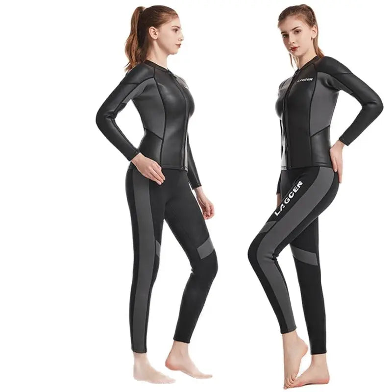 LAGCEN 2.5mm Neoprene Leather Wetsuit Women Long Sleeve Scuba Diving suit Female Surfing Snorkeling 2 pieces set Winter Swimsuit