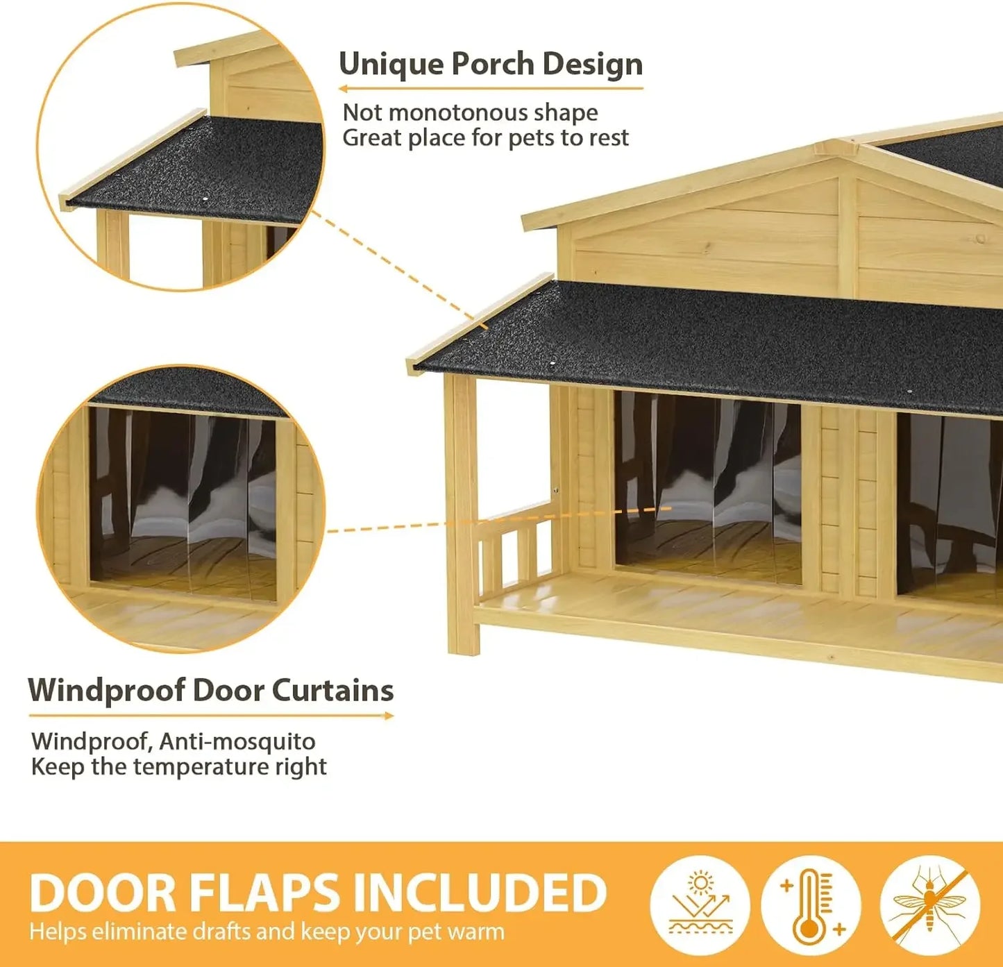 47.2" Dog House, Waterproof Dog Kennel, Wooden Outdoor and Indoor Dog House, Log Cabin Style with Porch,Elevated Floor, 2 Doors