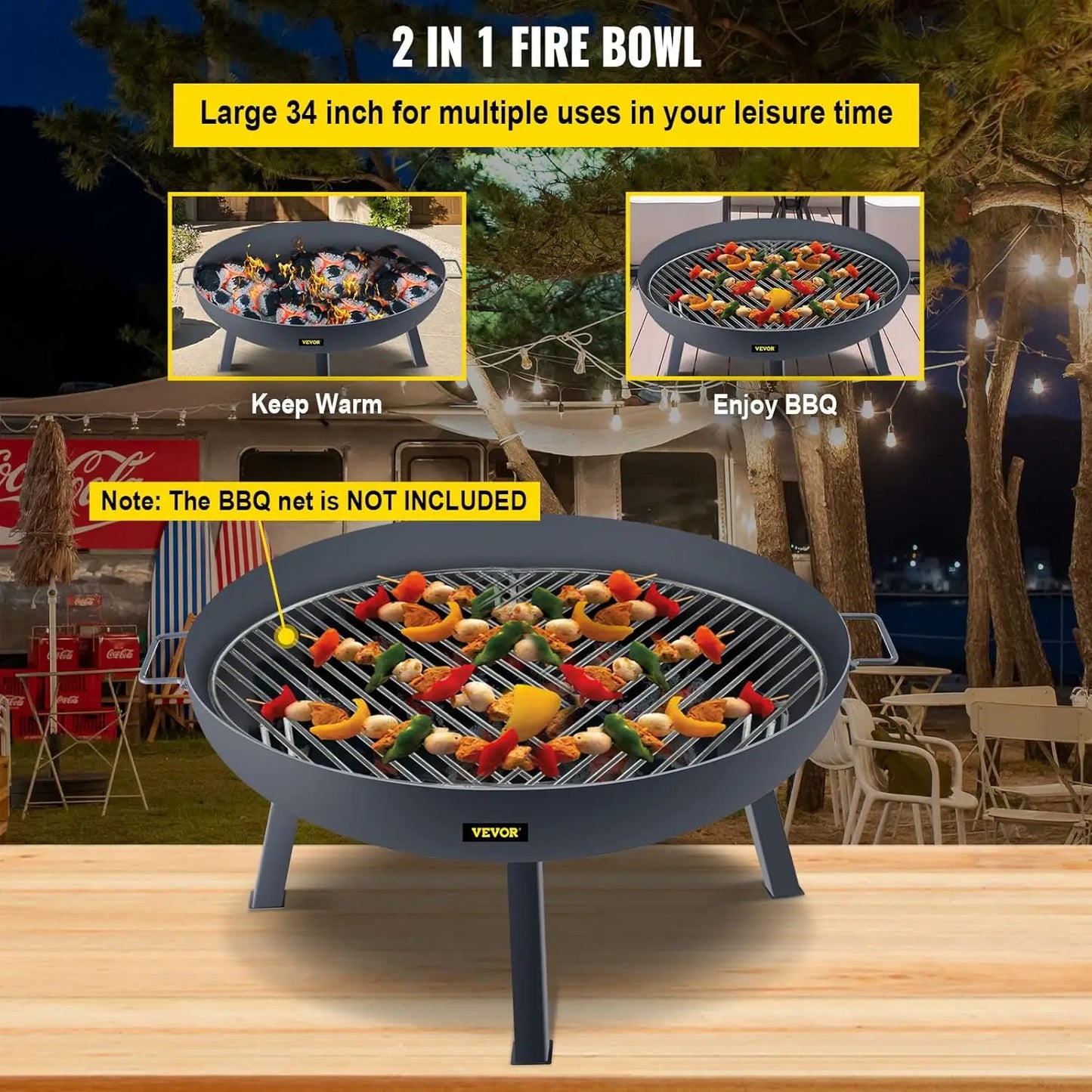 Fire Pit Bowl, 34-Inch Diameter Round Carbon Steel Fire Bowl, Wood Burning for Outdoor Patios, Backyards & Camping Uses, with