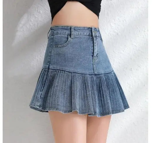 Jeans Mini Skirt Goth Denim Pleated Skirts with Big Pockets Women Girl Summer Punk Y2K Black Faldas High Waist Korean Fashion