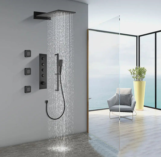 Embedded Concealed Shower Faucet Set with Four Functions, Waterfall Outlet Three Side Showers Adjustable Rod black Shower Head