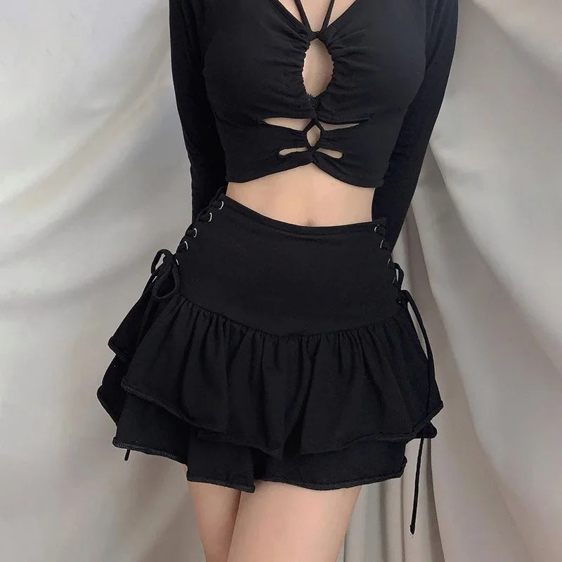 HOUZHOU Y2K Black Skirt Women Streetwear Gothic Harajuku Ruffle High Waist Bandage A-line Mini Skirt Goth Punk Grunge Clothes