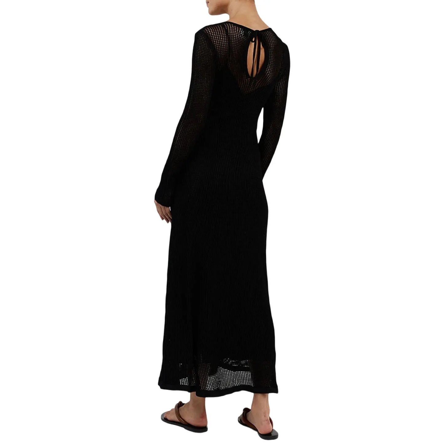 Yiiciovy Summer Beach Cover-Ups Women Long Sleeve Dress Knitted Cutout See-through Long Party Dress for Beach Club Streetwear