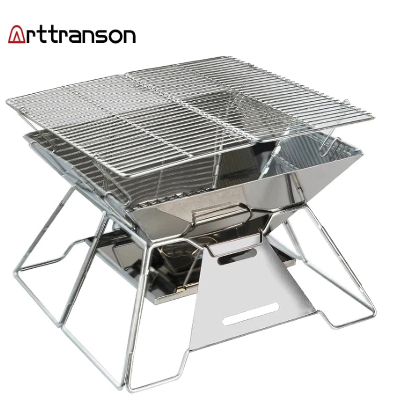 Folding Grill Fire Pit Outdoor Table Camping Stove Stainless Steel Foldable Barbecue With A Charcoal Rack Grill