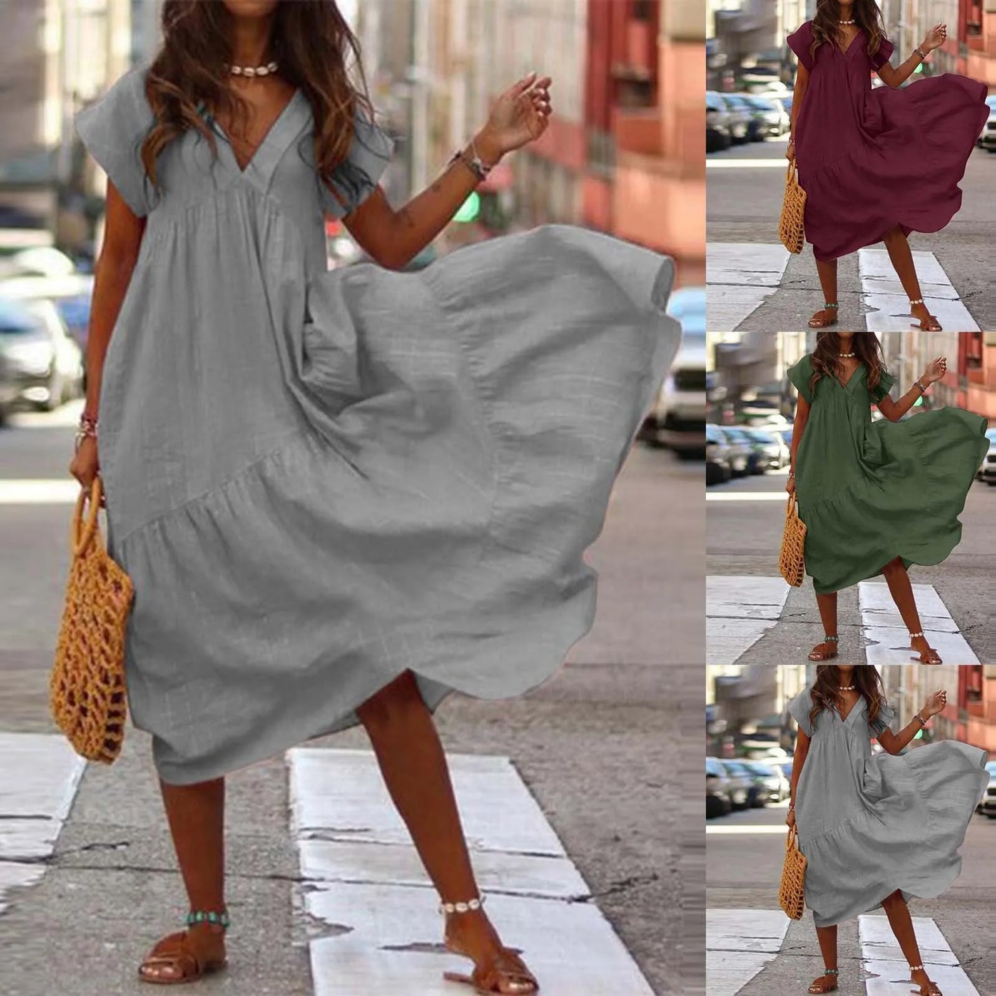 Elegant V-neck Short sleeves Solid Strapless Dress Irregular Hem Maxi Female Dress