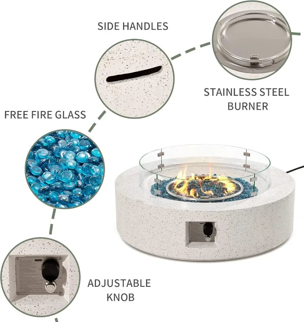 Outdoor Propane Fire Pit Coffee Table w Terrazzo White 40.5-inch Round Base Patio Heater, 50,000 BTU Stainless Steel Burner