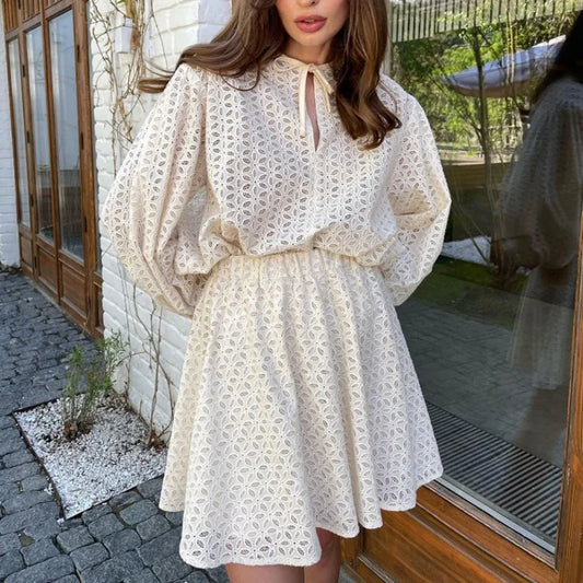 Y2K INS Clothes Outfits Long Puff Sleeve Shirt Top Pleated Skirt Boho Outfits Autumn Elegant Hollow Out Two Piece Skirt Set