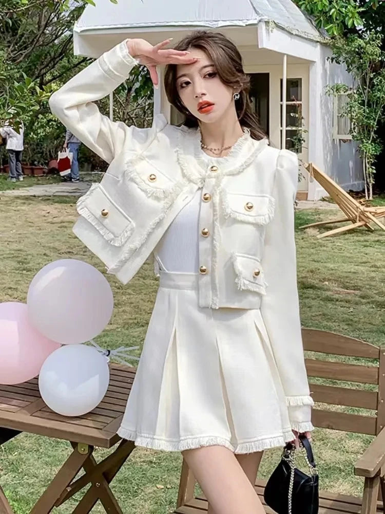 Korean Womens Tweed Skirt 2 Piece Set Y2k Vintage Jackets Tops Suit Mini Pleated Faldas Outfit Spring Fall Fashion Conjuntos New