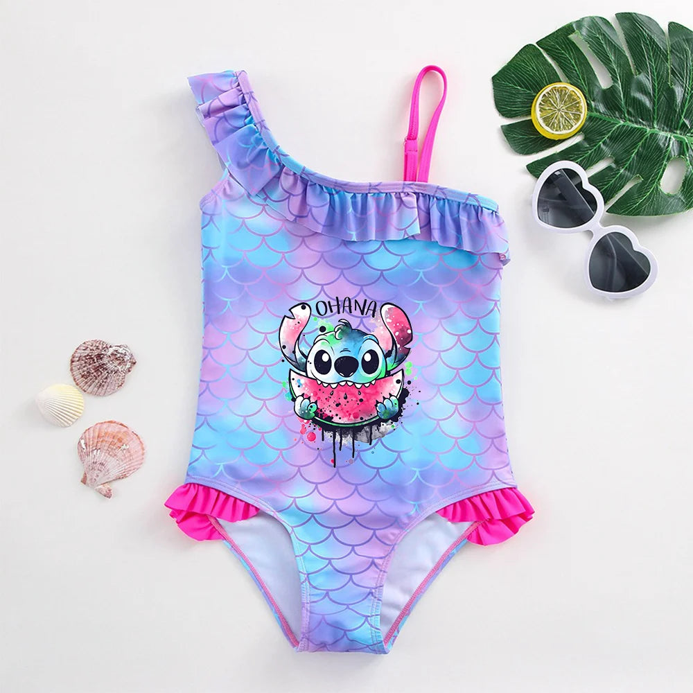 Stitch Girls Swimsuit Fashion Mermaid Fish Scale One-Piece Bathing Suits Children's Dresses Summer Swimwear Beach Suit Kids Wear