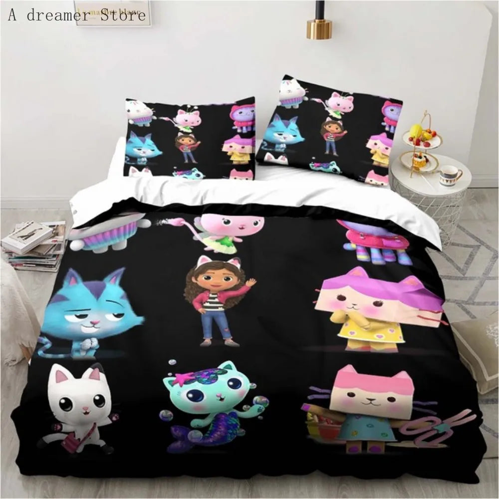 Gabbys Dollhouse Characters Bedding Set Cartoon Duvet Cover 2/3Pc Pink Bedclothes Single Double Queen King Size for Girl Bed Set