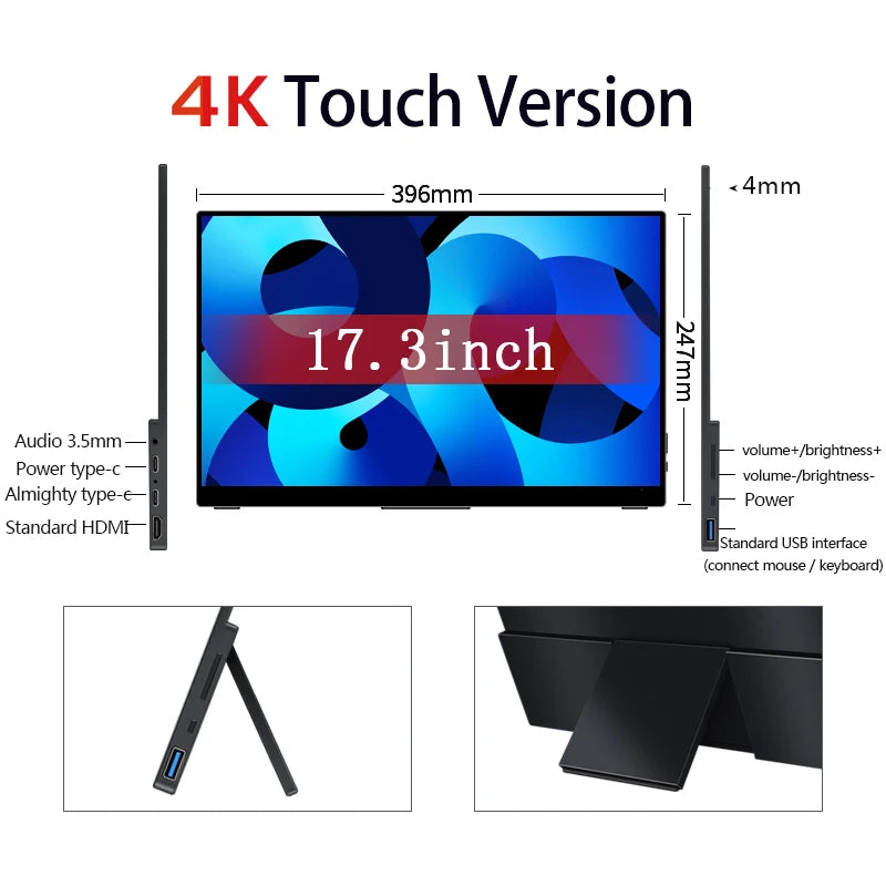 17.3 inch 4K Touchscreen Portable Monitor for Laptop Xbox Switch 3840X2160 Metal With Type-c USB HDMI-Compatible Gaming Display