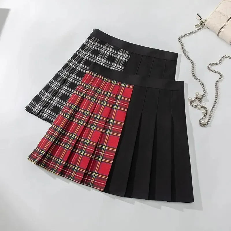 Gothic Patchwork Skirt Goth Vintage Harajuku Red Haig Black and White Plaid Patchwork Punk Pleated Skater Skirts