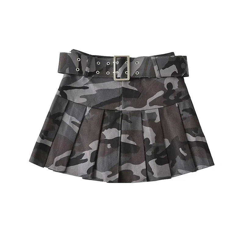 Street Women Pink Camouflage Pleated Mini Skirts Dance School Girls High Waist Belt Camo Pleated Skirt Cosplay A Line Skirts New